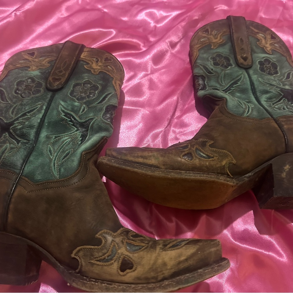 Vintage Dan Post Brown and Teal Leather Cowboy Boots